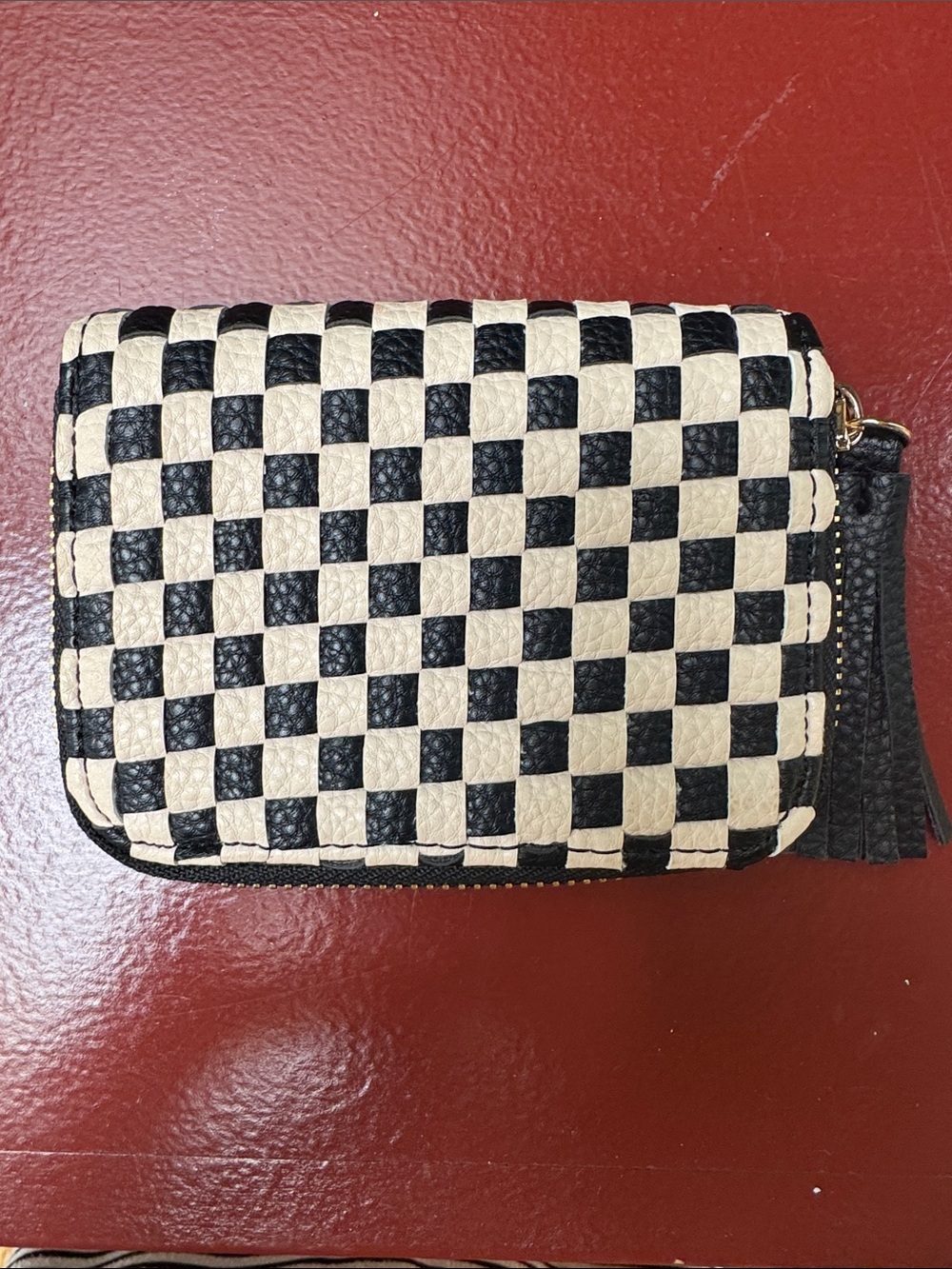 Source Unknown Black & Cream Checkerboard Zip Wallet with Tassel